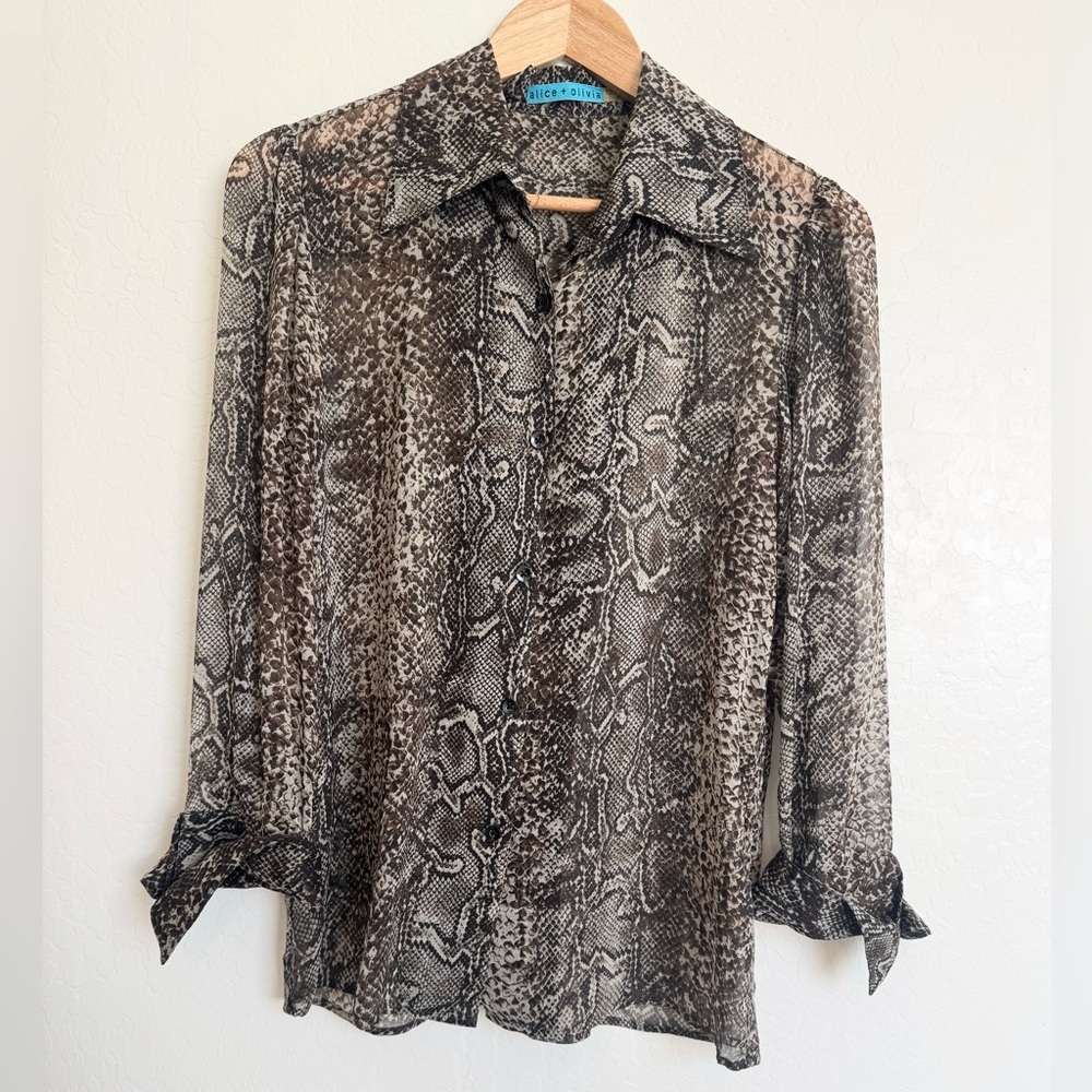 Alice + Olivia Brown Black Snake Print Silk Blend Shirt Blouse